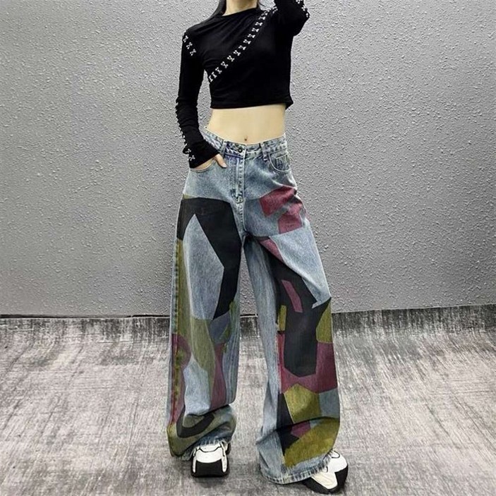 MOSAIRATION 플로스 사이즈 트렌드 프린트 루즈핏 캐주얼 아메리칸 스타일리쉬 청바지 여성 Z18