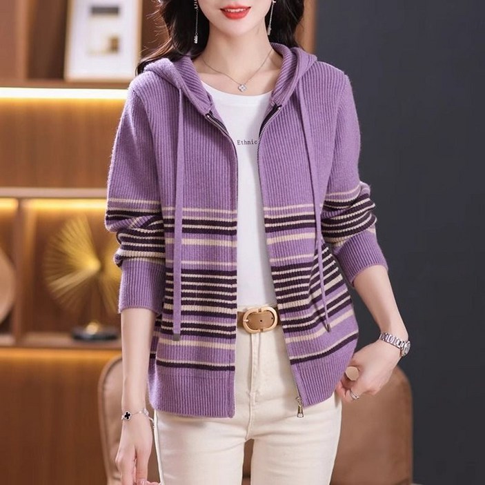ORZQU 가을 겨울 여자 캐주얼 루즈핏 후그 니트 집업 가디건 배색 스트라이프 스웨터