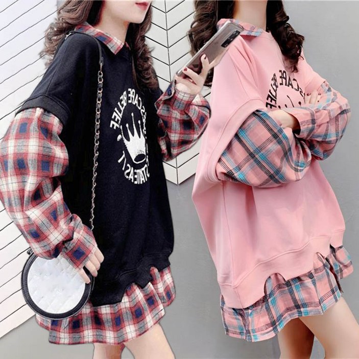 체크 배색 맨투맨티셔츠 봄 가을 맨투맨 빅사이즈 루즈핏 오버핏 긴팔 데일리룩 롱티 여자남방 D99U
