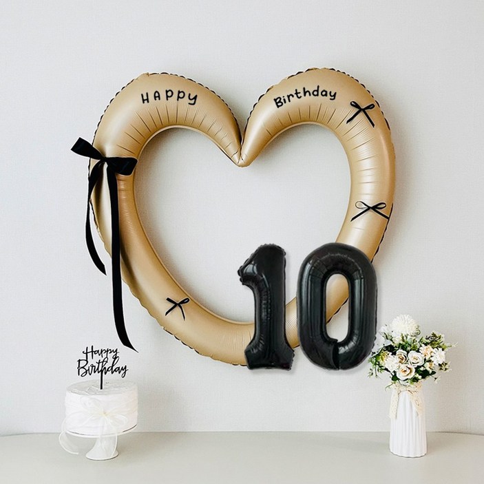 연지마켓 생일 이벤트 하트프레임풍선 블랙 숫자 생일파티 용품 세트 (자유레터링), 1세트, 베이지하트 숫자 10