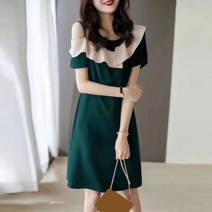 TIMEPURE 여성 오프숄더 반팔 원피스 슬림핏 세련된 프릴 원피스 오피스 룩 빅칼라 우아한 드레스