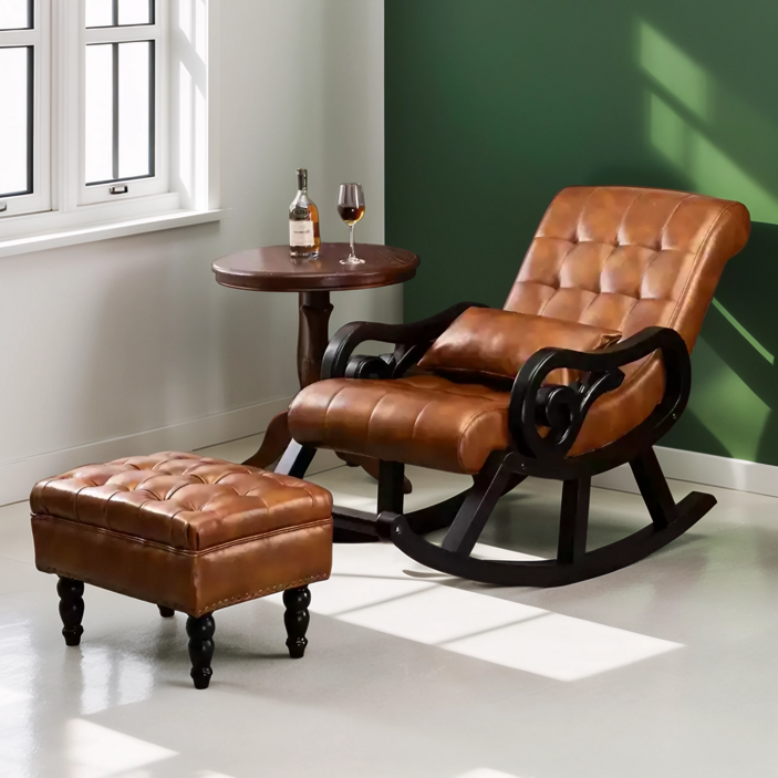 semoharu 앤틱 가죽 원목 흔들의자 1인용 안락 스윙 체어