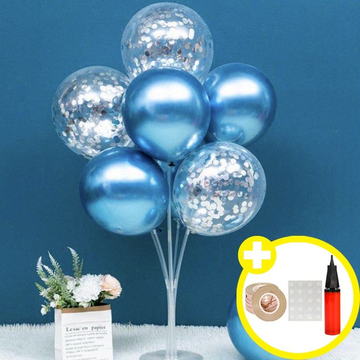 메탈크롬 컨페티 혼합풍선 스탠드(70cm) 세트 [에브리띵스마일] 1074, 1세트, 실버 컨페티_블루 풍선