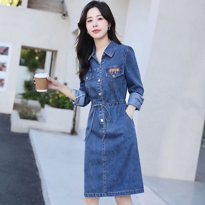지고다그 여성용 간절기 데님 셔츠원피스 긴팔 허리스트링 캐주얼 청바지 원피스 YY32012