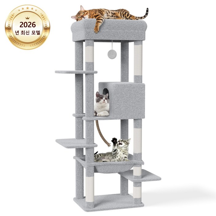 2026 업그레이드 고양이 타워 해먹 캣하우스 대형 고양이용 스크래처 다묘 가족용 캣타워 세련되고 귀여운 디자인 높은 안정성 운동 부족 해소 높이 약 150cm 한국어 설명서 포함, 회색, 1개