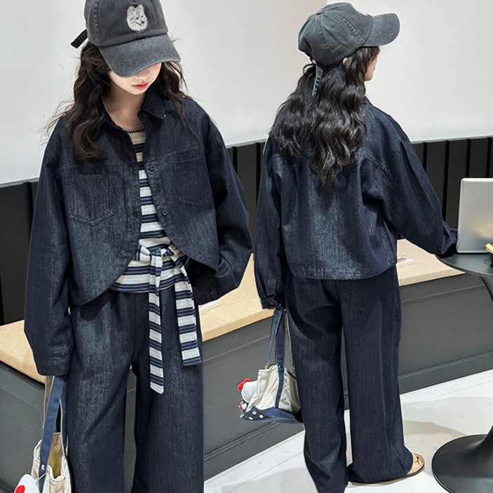 비비키드 여아 신상 봄 가을 주니어 상의 초등생 하의 세트 초중생 포켓 데님 자켓 긴팔 와이드 긴바지 초등생 상하세트 775024