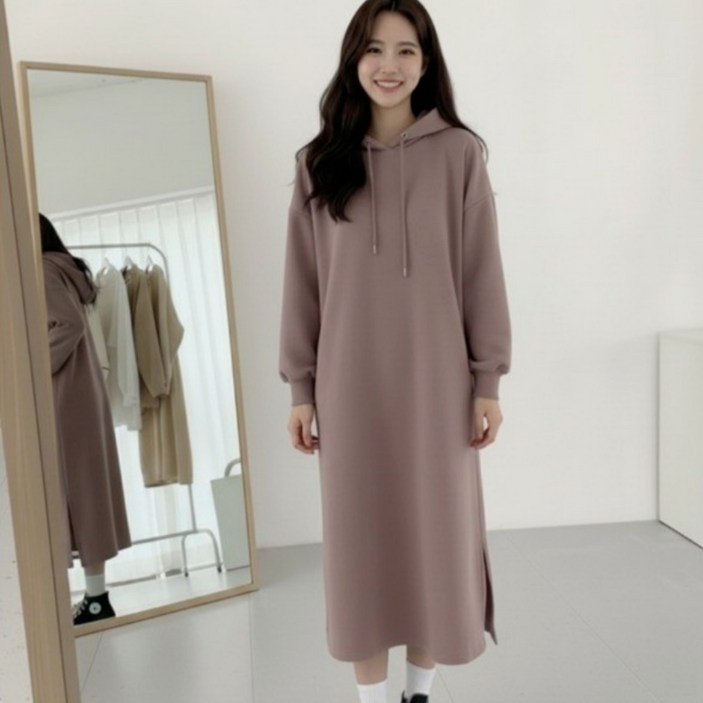 리파니 루즈핏 맨투맨 옆트임 기모 후드 롱 원피스