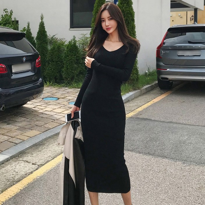 타니즈 브이넥 슬림 골지 니트원피스 플립