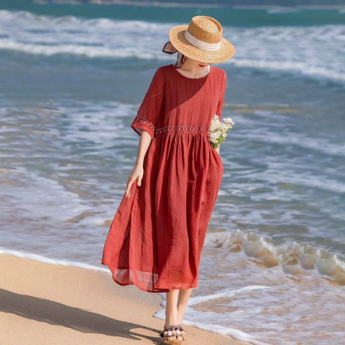 더플로우커머스 코튼 자수 레트로 루즈핏 플레어 미디 원피스