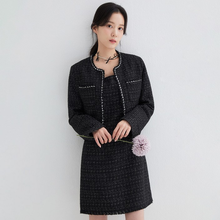 로엠 여성용 트위드 배색 칼라리스 자켓