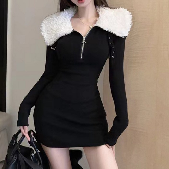 구디프 여성용 퍼카라 슬림핏 니트 겨울 데일리룩 데이트룩 미니 원피스