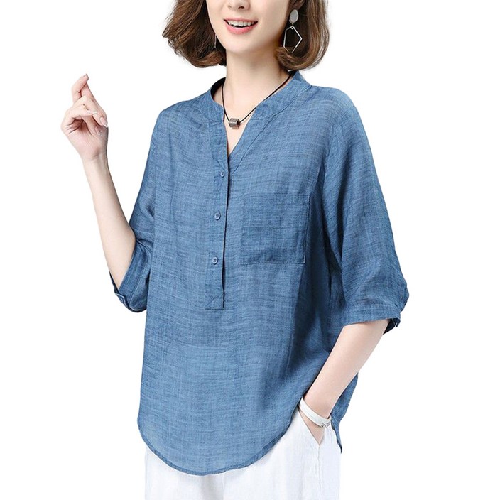 ROYALBELLE 여성 면마 브이넥 반팔 블라우스 얇고 시원한 린넨 7부소매 상의 베이직 데일리룩 V42014 ROYALBELLE 여성 면마 브이넥 반팔 블라우스 얇고 시원한 린넨 7부소매 상의 베이직 데일리룩 V42014