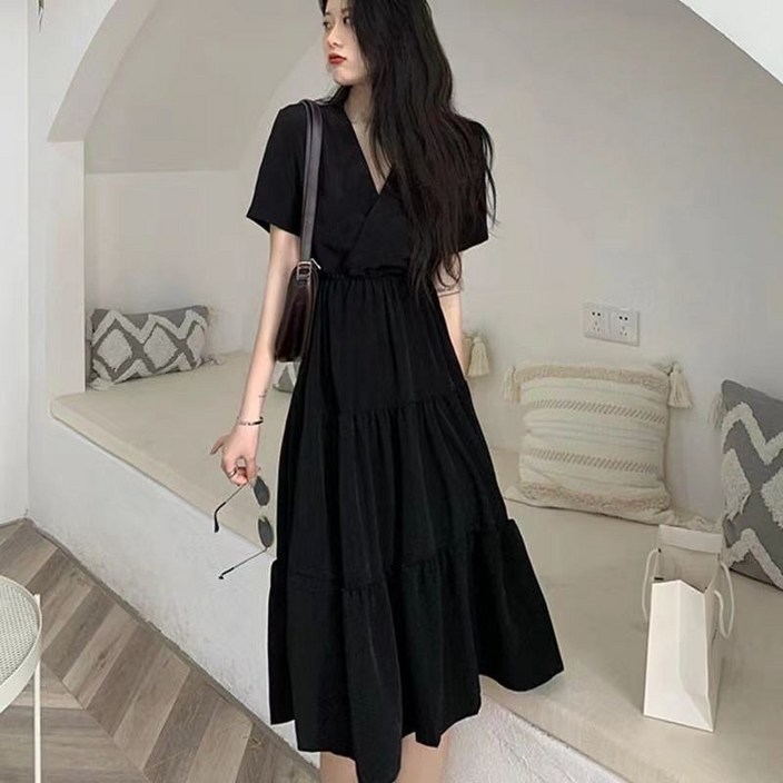 여성 빅사이즈 V넥 반팔 롱 원피스 슬림핏