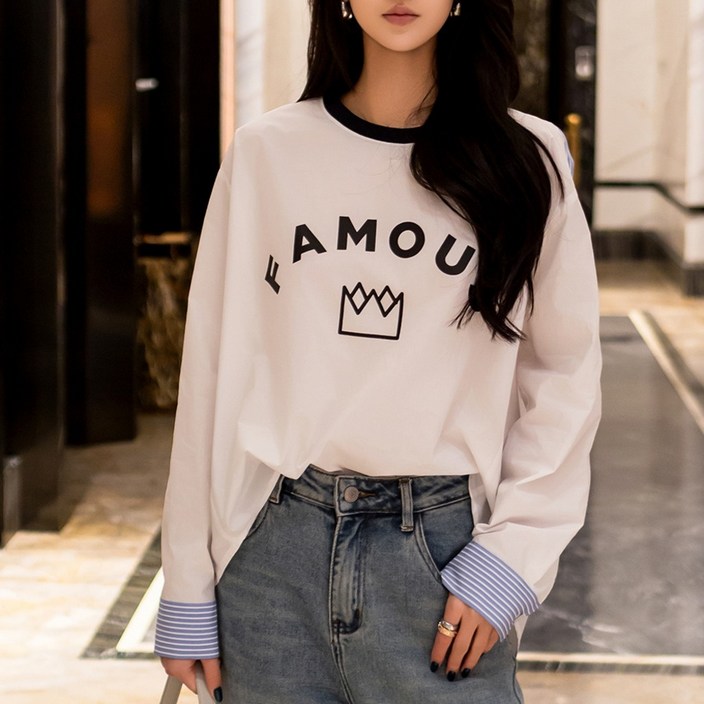 니트조직 라운드 셔츠 FAMOUS 프린트 스트라이프 배색 여성셔츠