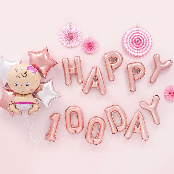 파티팡 백일파티 장식세트 웰컴베이비 걸 HAPPY 100DAY 로즈골드 손펌프증정 파티용품 파티풍선 백일풍선 백일잔치, 1개