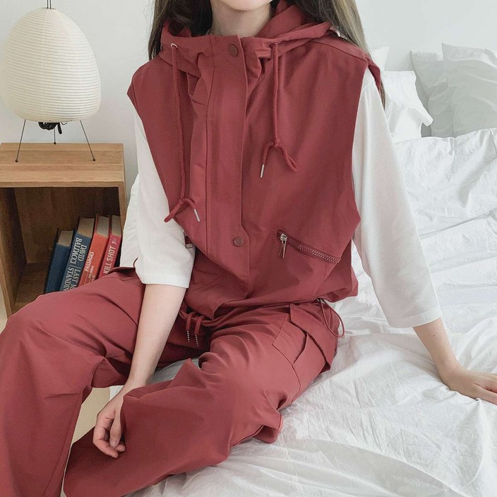 [파인스토리] 여성트레이닝복세트 후드 집업 조끼 카고 스트링 밑단 일자 조거 투웨이 패츠