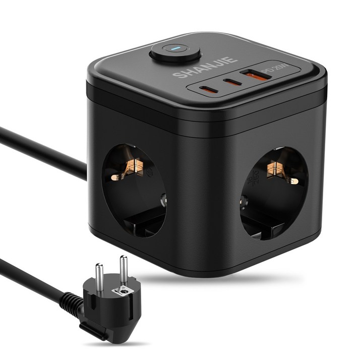 멀티탭1.5m큐브C타입2개 Typec2USBA PD20W 3구 고용량 멀티탭MINI 멀티탭 16A 1개 3680W, 1개, 블랙, 150cm