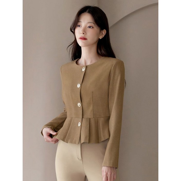 시크라인 XXL까지 라운드넥 골드버튼 페플럼 블라우스 가을 하객룩 오피스룩 모임룩 격식룩 빅사이즈