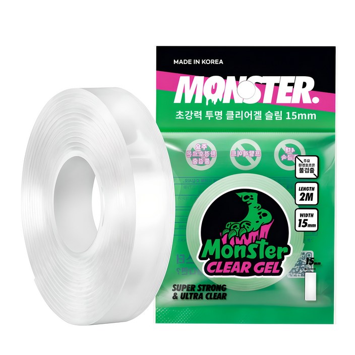 몬스터 클리어 겔 슬림 폭 좁은 초강력 나노 실리콘 양면테이프 15mm x 2m, 1개, 투명 몬스터 클리어 겔 슬림 폭 좁은 초강력 나노 실리콘 양면테이프 15mm x 2m, 1개, 투명