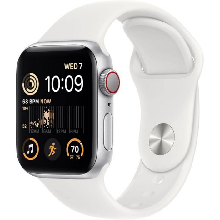 Apple Watch SE(2세대)(GPS + 셀룰러, 40mm) - 흰색 스포츠 밴드가 있는 실버 알루미늄 케이스, S/M(갱신)