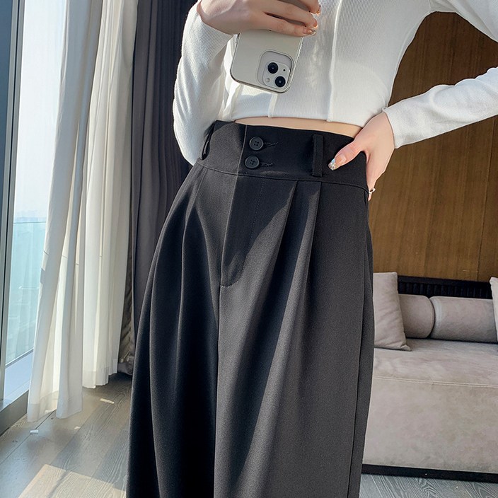 타임퓨어 여성 정장 바지 데일리 캐주얼 통바지 스판 좋은 핀턱 밴딩 일자 와이드 팬츠 사계절 긴바지 슬림 스트레이트 핏