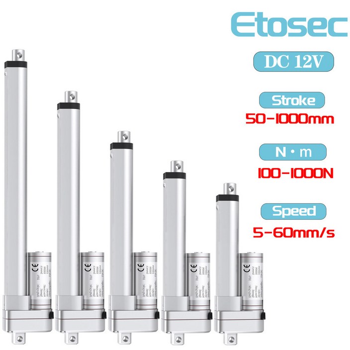 액추에이터 Etosec 선형 드라이브 전기 모터 스트로크 60 mms 속도 12V 1000N 50mm 100mm 200mm 400mm 600mm 800mm 900mm 1000mm