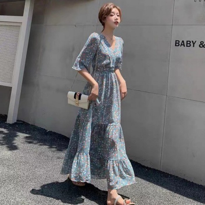 더블유앤케이 여성 여름 꽃 나염 브이넥 쉬폰 롱 반팔 원피스