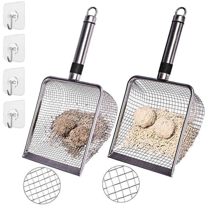 3.8mm  5mm 메쉬 스테인리스 스틸 고양이 모래 삽 후크 4개 포함, 총 6pcs