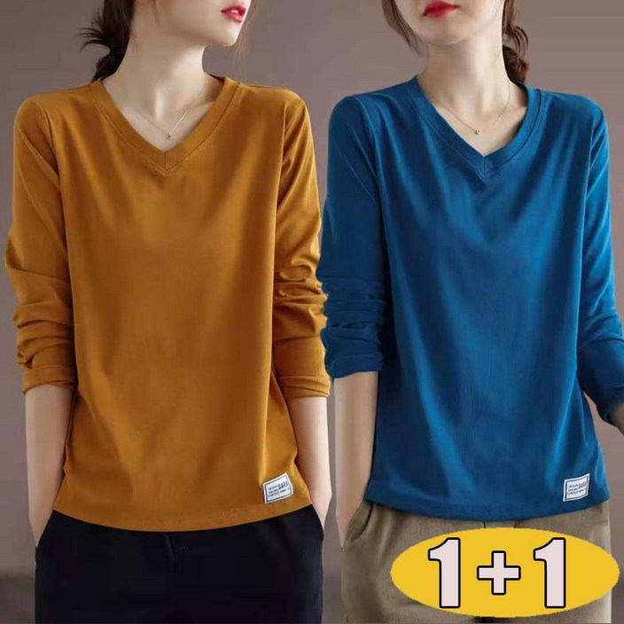 11 빅사이즈 여성 브이넥 기본 긴팔티 데일리 간절기 맨투맨 이너용