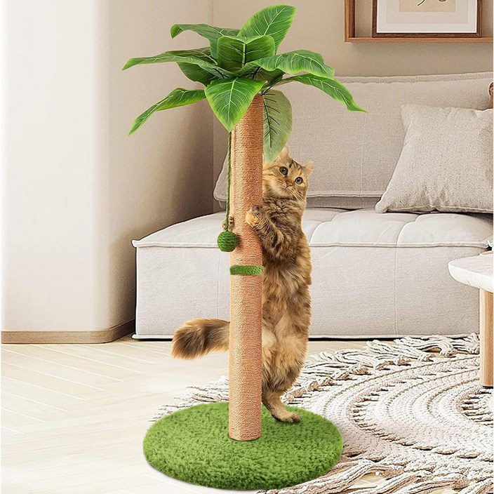 <정글 링 트리> 대형 원목 캣타워 100% 마닐라삼 스크래쳐 + 야자수 잎&그린 공장난감, 1개, 녹색 잎사귀