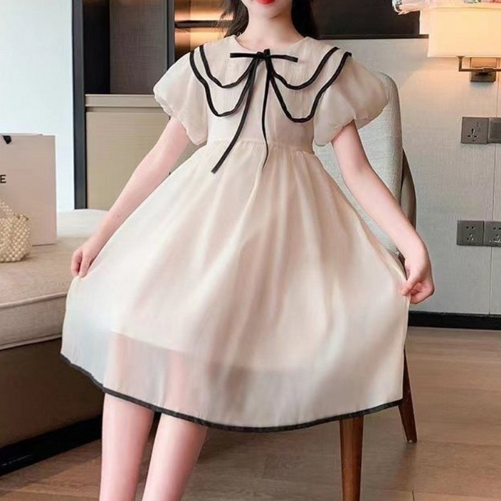 해피유통 여아 봄여름 메시 배색 원피스 퍼프소매 달콤한 A라인디자인14세 이상