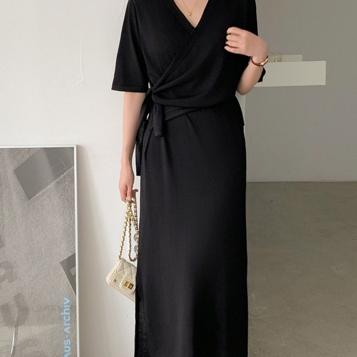 니트코어 여성 여름 루즈핏 빅사이즈 코지 랩 니트 원피스 랩스커트 만삭 임부복 임산부원피스 등하원룩 하객룩 하객원피스