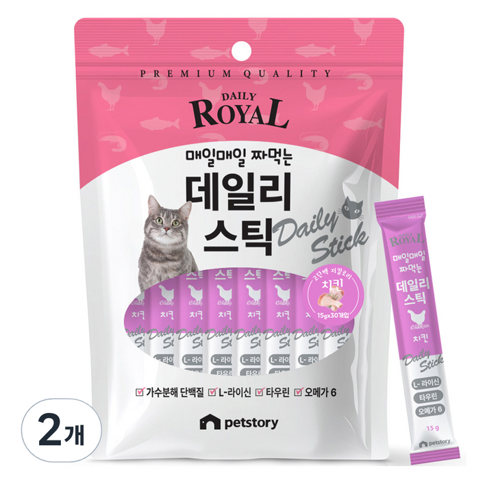 펫스토리 고양이 프리미엄 로얄 데일리스틱 짜먹이는 간식 30p, 치킨, 450g, 2개 펫스토리 고양이 프리미엄 로얄 데일리스틱 짜먹이는 간식 30p, 치킨, 450g, 2개