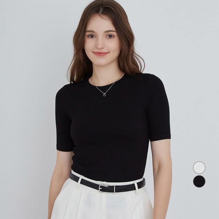 ELLEPARIS 여성용 라운드넥 립 반팔 티셔츠 ELLEPARIS 여성용 라운드넥 립 반팔 티셔츠