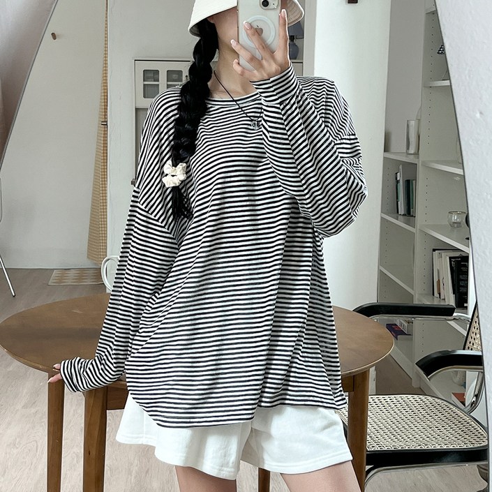 투데이앤룩 여성용 루즈핏 스트라이프 티