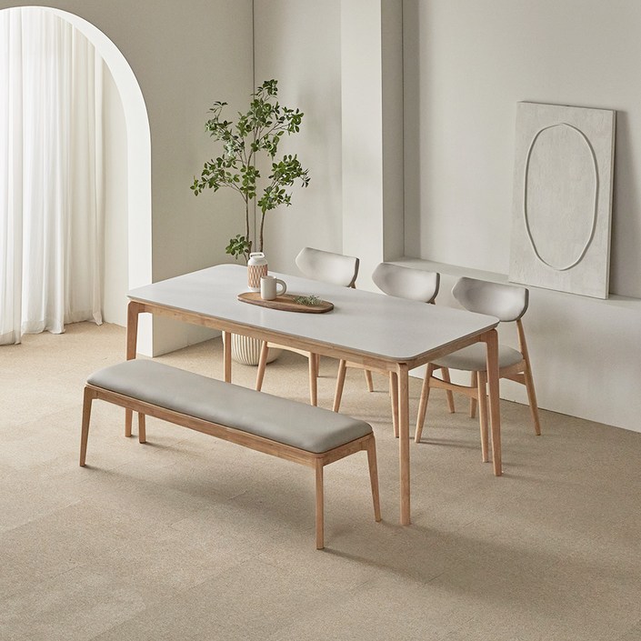 파로마 리샤르 세라믹 원목식탁 1800 6인용 + B리샤르 의자 3p + 벤치 세트 방문설치, 화이트상판+내추럴원목, 일반 3 + 벤치 1