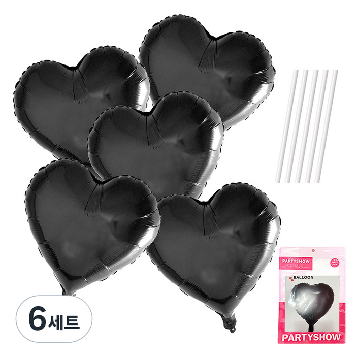 파티쇼 하트 은박 풍선 45cm 5p  빨대 5p 세트, 블랙풍선, 6세트