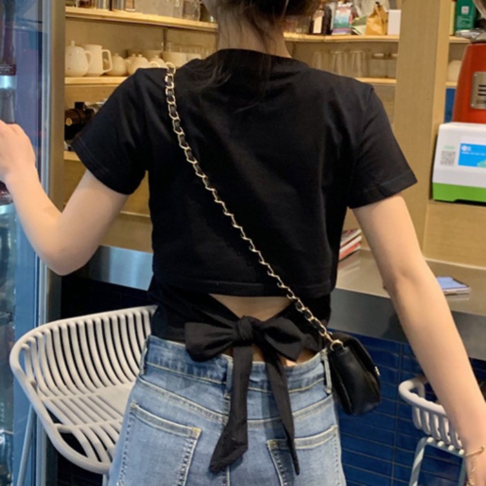 더플로우커머스 여성용 데일리 백리스 리본 크롭 반팔 티셔츠