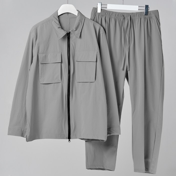 하이후 남성용 스판 투웨이 셔츠 자켓  와이드 크롭 팬츠 세트 HE1034