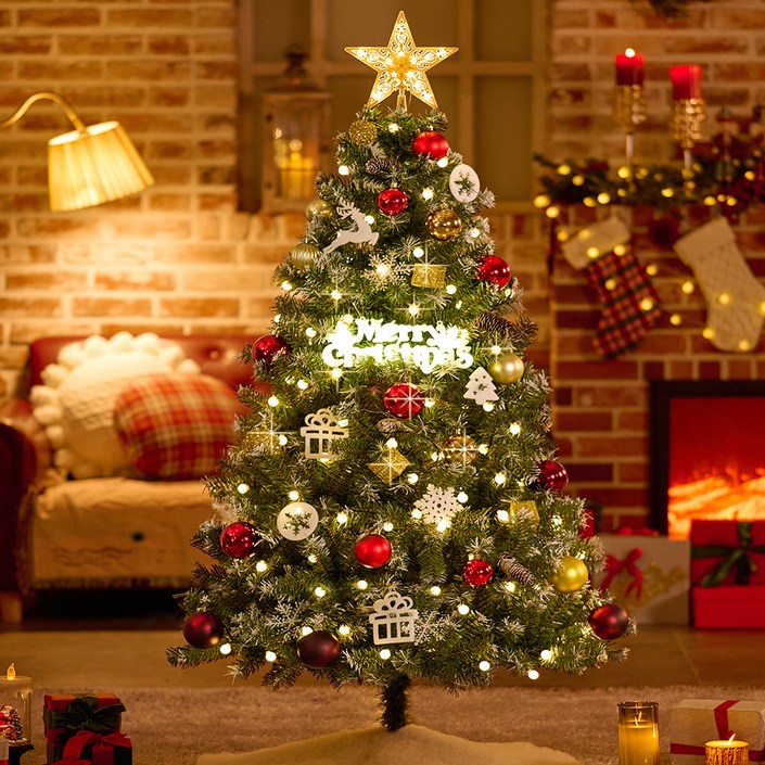 홍트리 크리스마스 트리 + LED 전구 + 장식 세트, 골드밤 레드닷