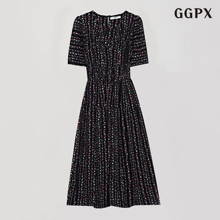 GGPX 라운드 플라워 패턴 쉬폰 롱 반팔 원피스 GOBOW042D GGPX 라운드 플라워 패턴 쉬폰 롱 반팔 원피스 GOBOW042D