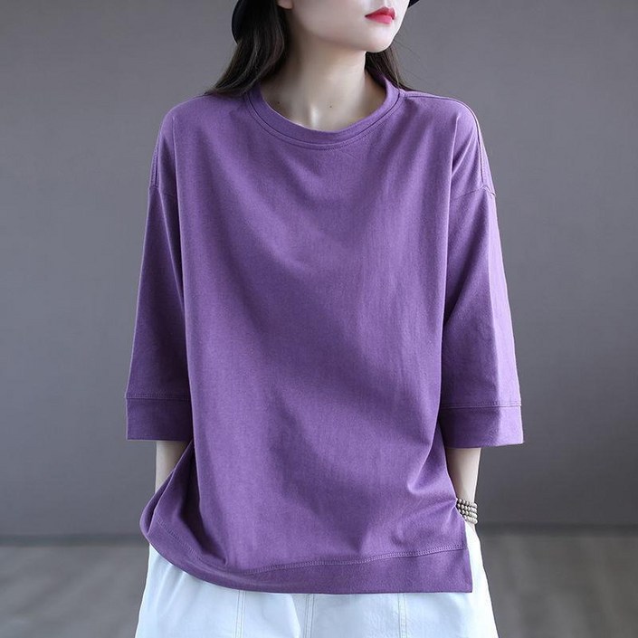 신품 여름 여성 7부 티셔츠 100면 티셔츠 캐주얼 루즈핏 무지반팔티 신품 여름 여성 7부 티셔츠 100면 티셔츠 캐주얼 루즈핏 무지반팔티
