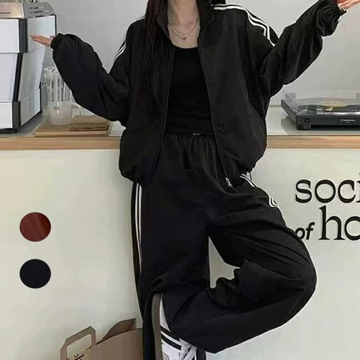 린하오 여성 가을 겨울 가벼운 바람막이 스탠드 재킷과 와이드 팬츠 세트