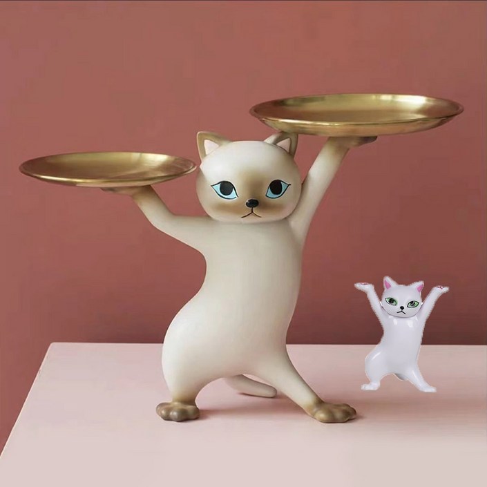지오샵 인테리어 소품 춤추는 고양이 트레이  미니어쳐, 아이보리
