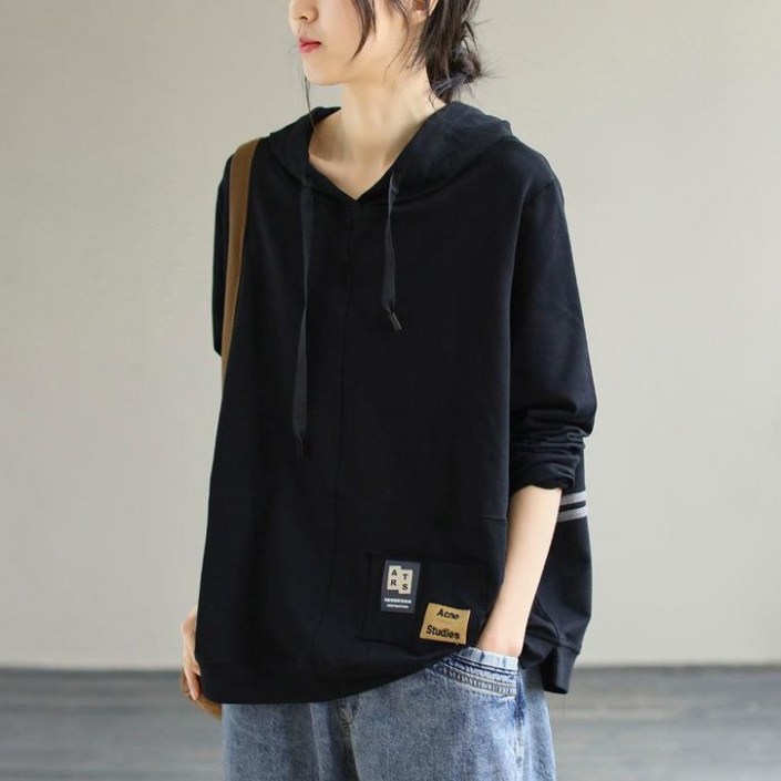 PEROLA 여성 봄 가을 후드티 스트라이프 베이직 맨투맨 3컬러 오버핏 빅사이즈 긴팔 상의 M4XL