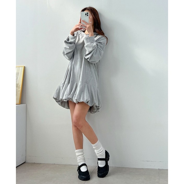 스프링 호박 벌룬 캐주얼 캥거루 포켓 후드 미니 원피스 2color