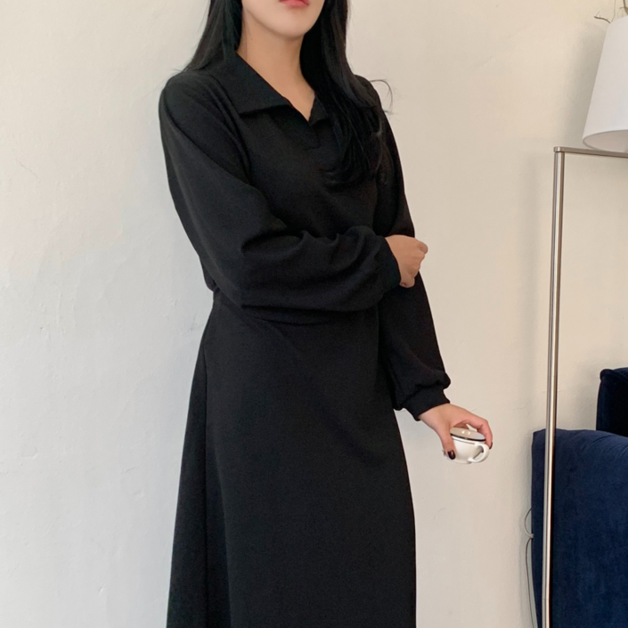 더한땀 소프트 카라 허리끈 긴팔 롱 원피스