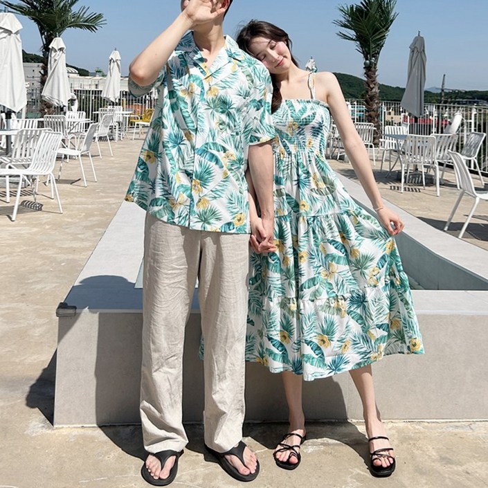 가비진 여성용 하와이안 스모크 끈 원피스  하와이안 반팔 셔츠 남녀 커플룩 시밀러룩 휴가룩 바캉스룩 세트 남녀개별구매
