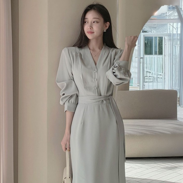 떳다그녀 스틸리아 핀턱 스트랩 브이넥 H라인 오피스 하객룩 로맨틱 데이트 끈셋 롱원피스