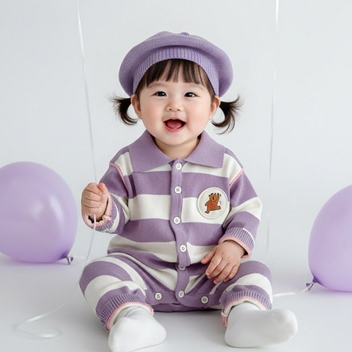 몽실이 스트라이프 카라 니트 우주복 유아용 외출복 돌선물 봄